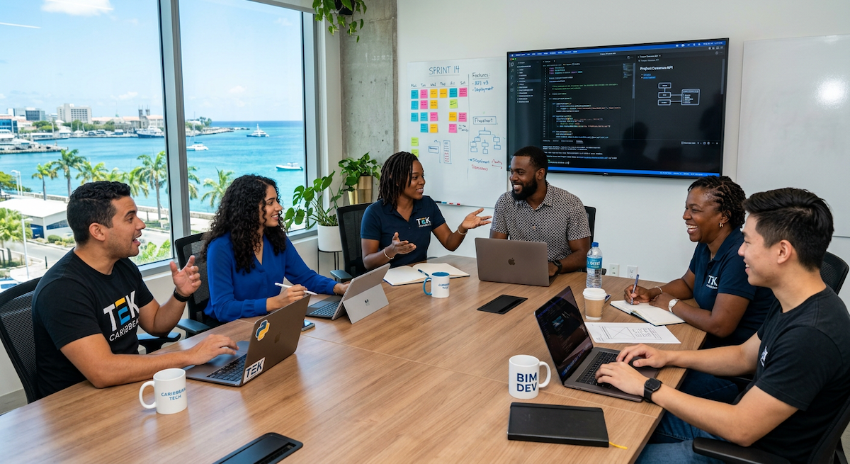 Trimo Solutions St. Lucia team collaborating in a meeting